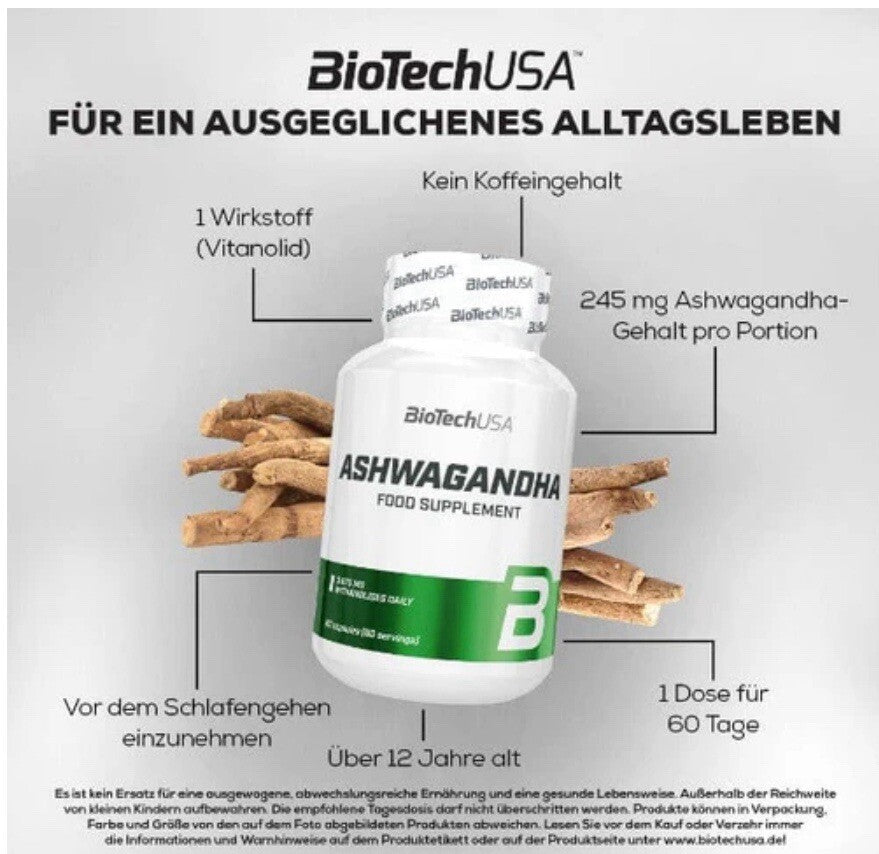 BioTechUSA Ashwagandha 60 Kapseln Withania Somnifera Adaptogen Stress Balance vegan