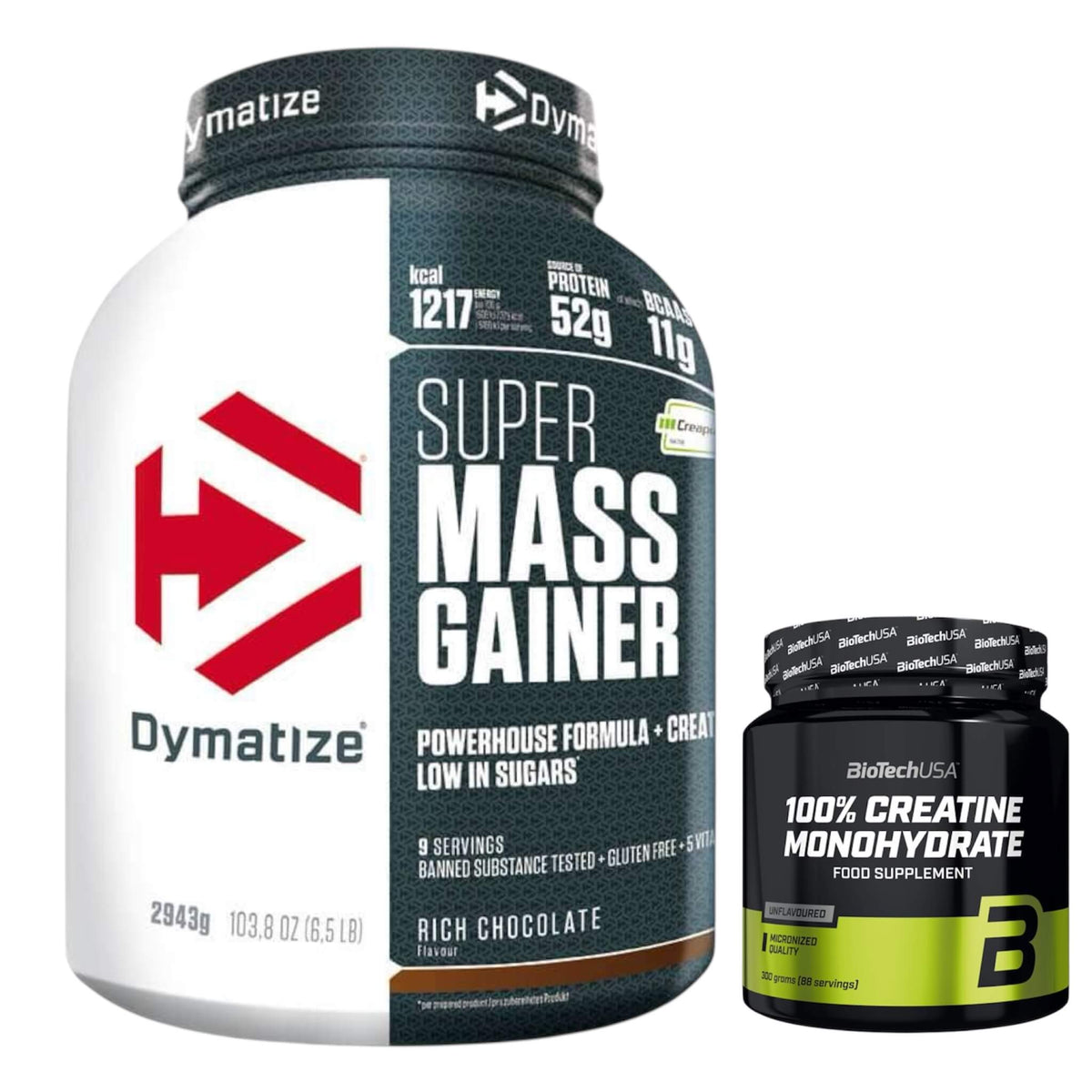 Dymatize Super Mass Gainer 2943g + Biotech USA Creatine 300g – Muskelaufbau Bundle für Masse, Kraft & Regeneration