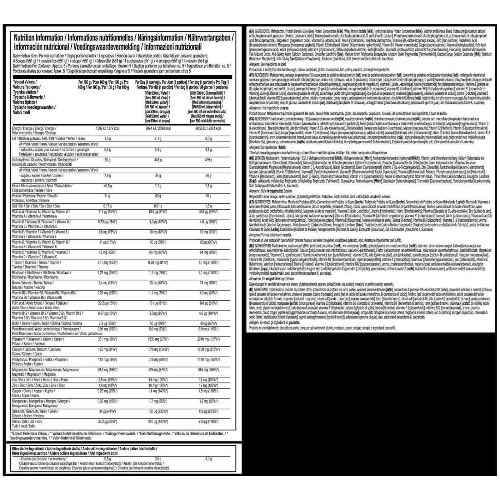 Detailaufnahme Muscletech Mass Tech Extreme 2000 – Supplement Facts, Vitamine und Inhaltsstoffe