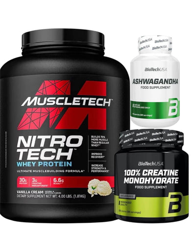 Muskelaufbau-Paket mit MuscleTech Nitro Tech Whey, Kreatin und Ashwagandha Kapseln