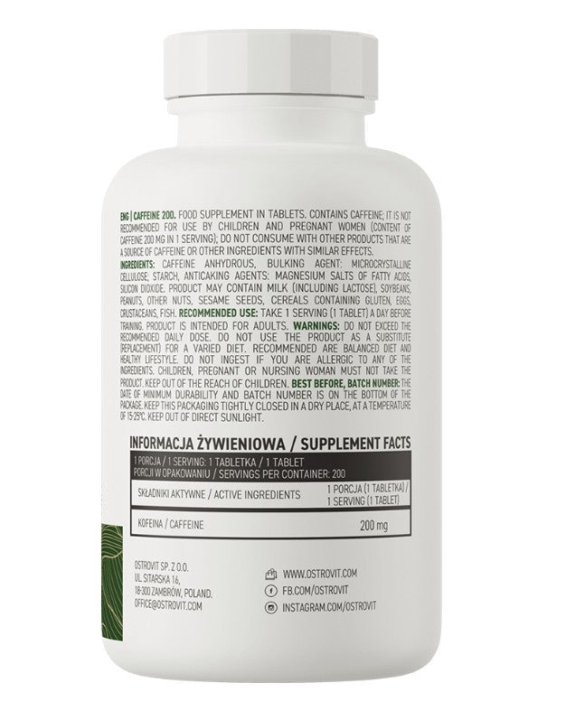 OstroVit Caffeine 200mg 200 Tabletten reines Koffein Energie Fokus Pre-Workout NirooX