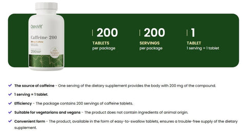 OstroVit Caffeine 200mg 200 Tabletten reines Koffein Energie Fokus Pre-Workout NirooX