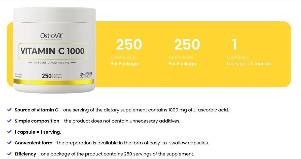 OstroVit Vitamin C 1000mg 250 Kapseln hochdosiert Immunsystem Antioxidans Sporternährung NirooX