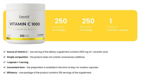 OstroVit Vitamin C 1000mg 250 Kapseln hochdosiert Immunsystem Antioxidans Sporternährung NirooX