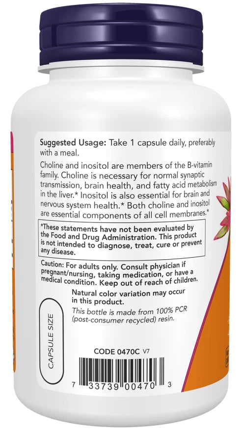 NOW FOODS Cholin &amp; Inositol 500 mg 100 Veg. Kapseln Leberunterstüt<wbr/>zung
