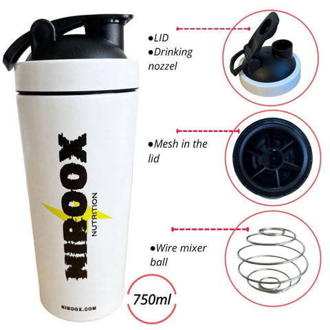 Shaker | Edelstahl Shaker NirooX / 750 ML Proteinshaker mit Mixball und Sieb - NirooX NutritionNirooX